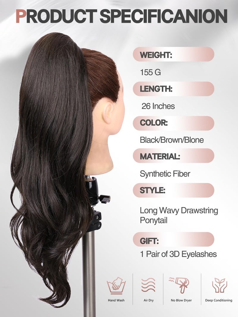 WIGER 26 Inch Dark Brown Drawstring Ponytail Extension for Women Long Wavy Layered Synthetic Stand Up High Pony Tails Hair Extensions for Christmas Daily Use - Image 3
